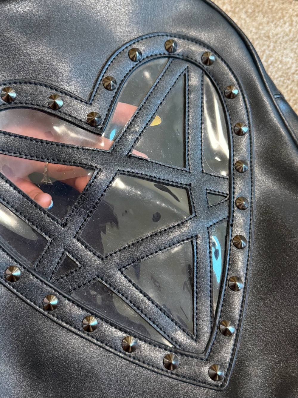 Killstar Black Faux Leather Pentagram Heart Window Studded Goth Backpack - Picture 5 of 12